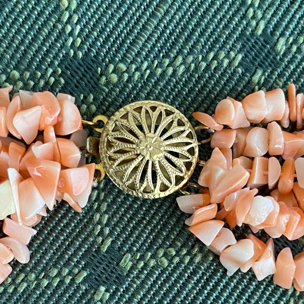 16” Six Strand Coral Chip Necklace with gold filled filigree clasp - Picture 5 of 12